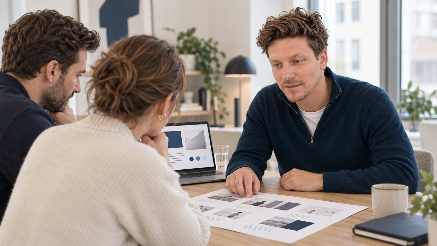 KI-generierte Arbeitsszene: Timo Emmann bespricht ein neutrales Storyboard mit zwei Personen