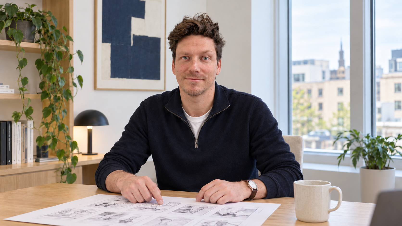 KI-generierte Arbeitsszene: Timo Emmann im persönlichen Gespräch am Schreibtisch.