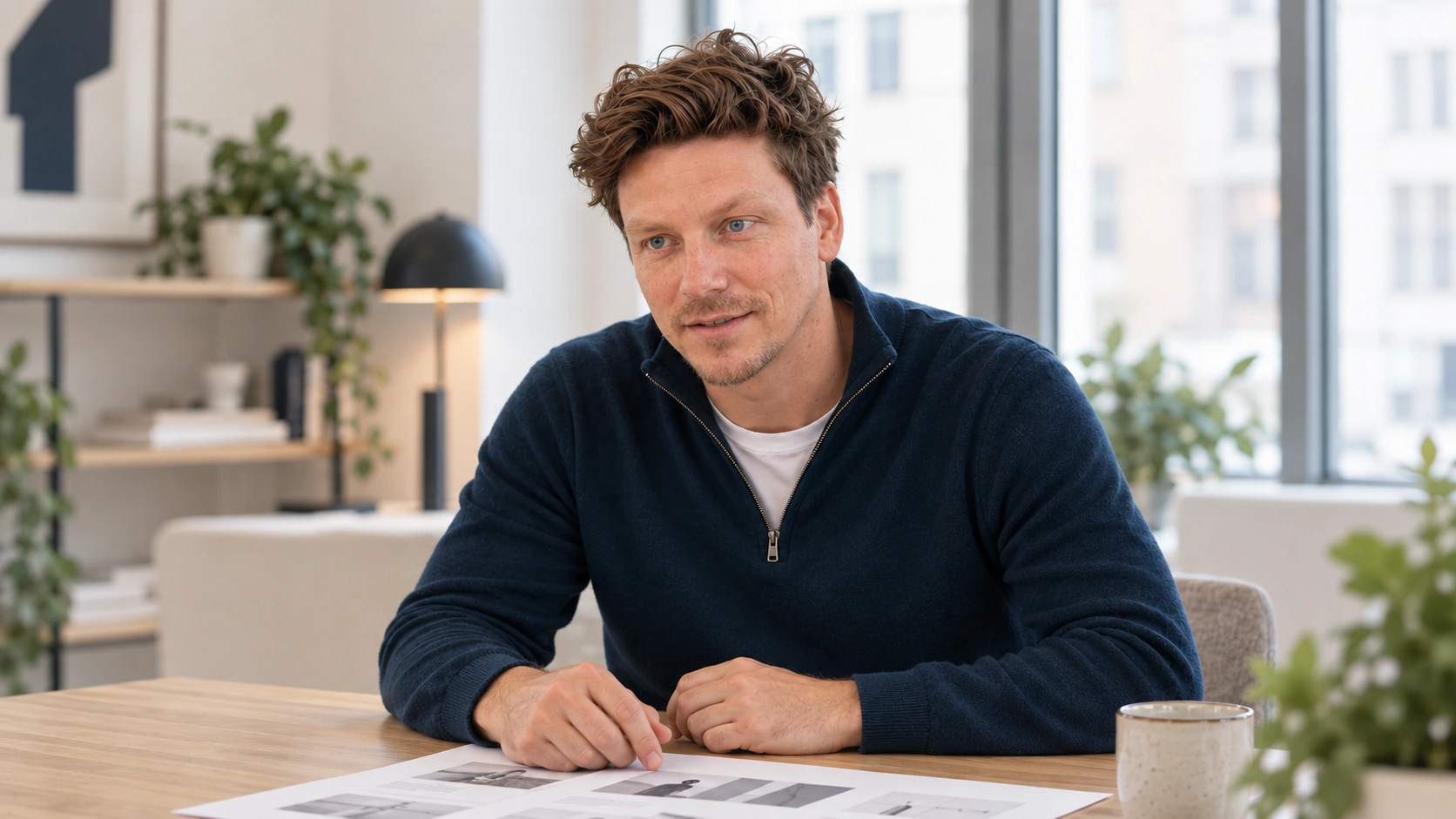 KI-generierte Arbeitsszene: Timo Emmann im persönlichen Gespräch am Schreibtisch.