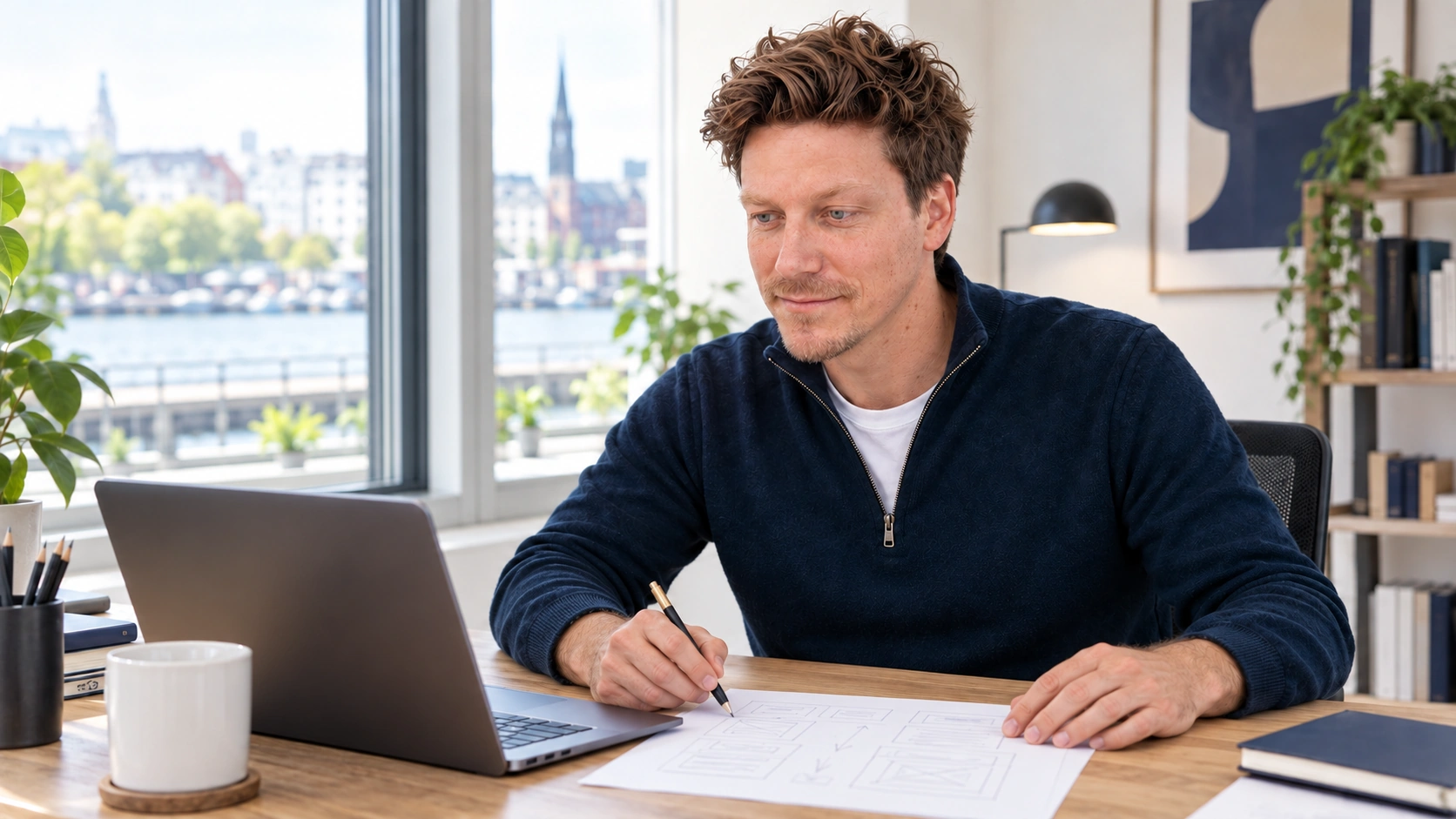 KI-generierte Arbeitsszene: Timo Emmann skizziert mit der rechten Hand eine Lernstruktur am Schreibtisch.