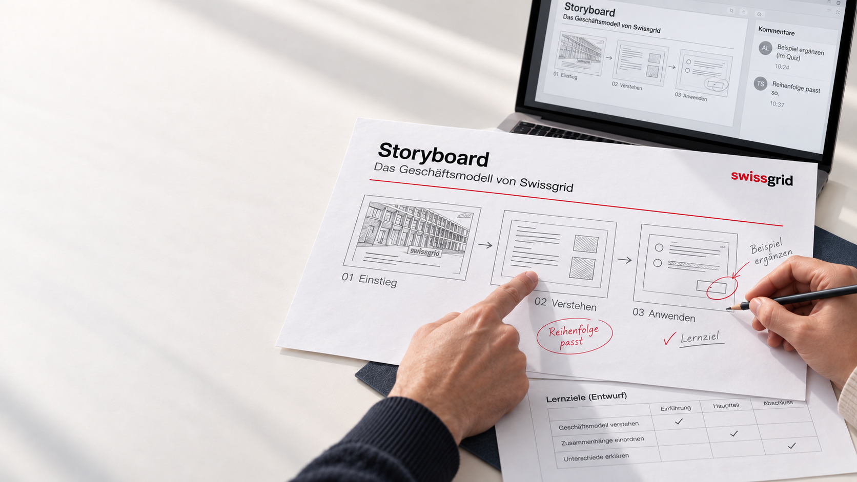 KI-generierte Visualisierung: Gemeinsame Durchsicht eines Swissgrid-Storyboards mit handschriftlichen Anmerkungen.