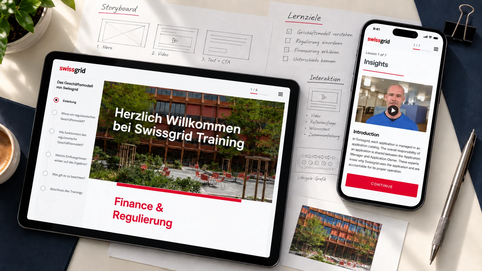 KI-generiertes Projekt-Mock-up: Swissgrid-Training zu Geschäftsmodell und IT auf Tablet und Smartphone neben einem Storyboard